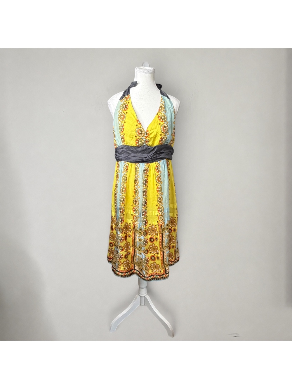 Moulinette Soeurs Anthropologies Silk Halter Dress Yellow Blue Boho